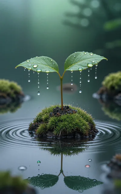 Small Sprout Growing On A Mossy Island In Water