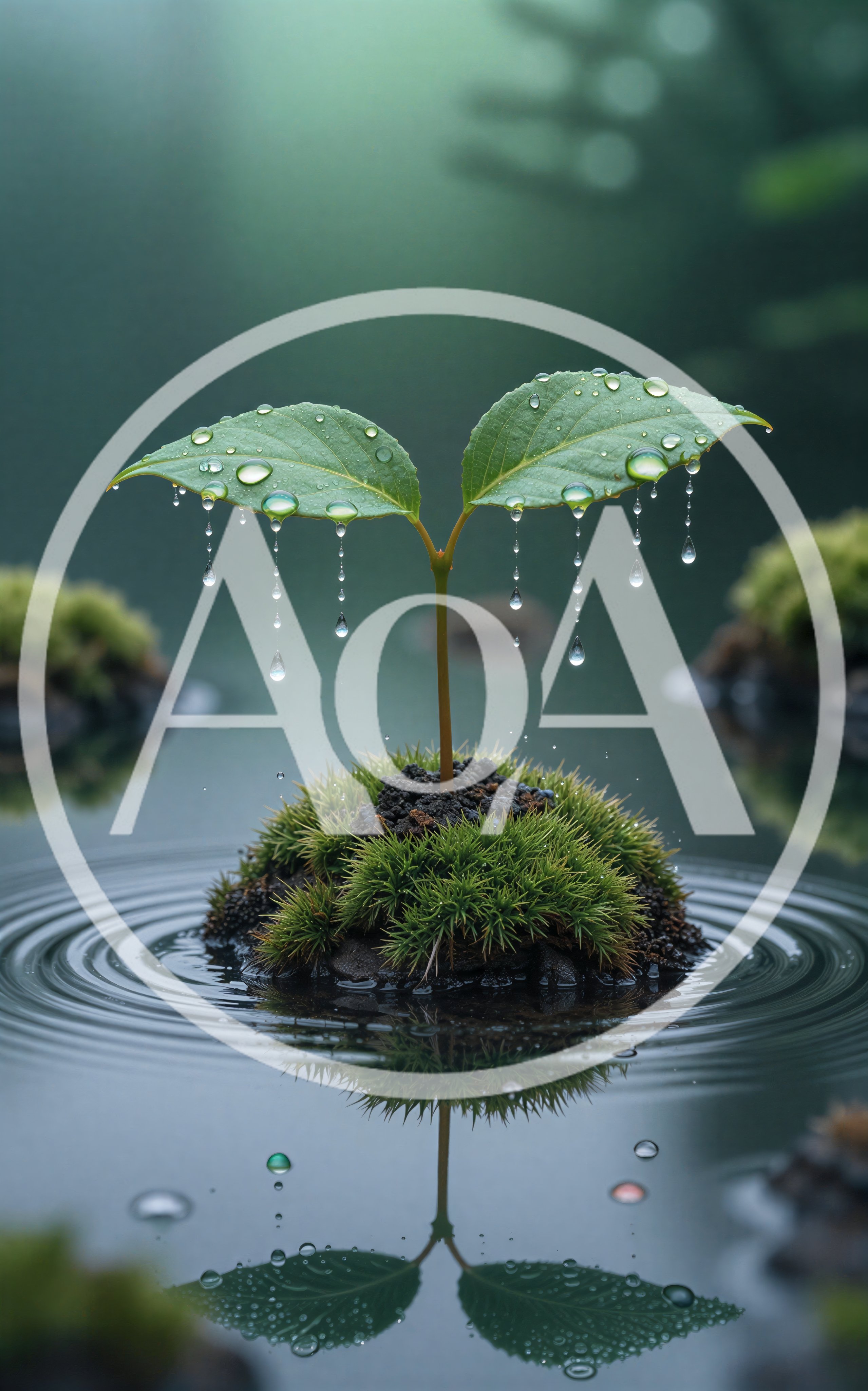 Small Sprout Growing On A Mossy Island In Water