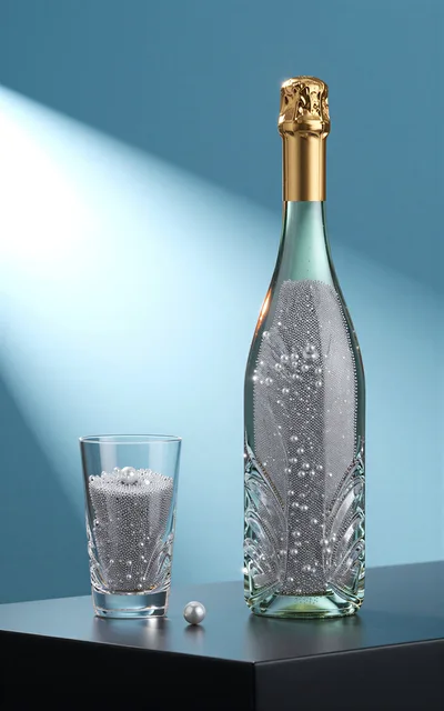 Champagne Bottle And Glass Filled With Silver Beads