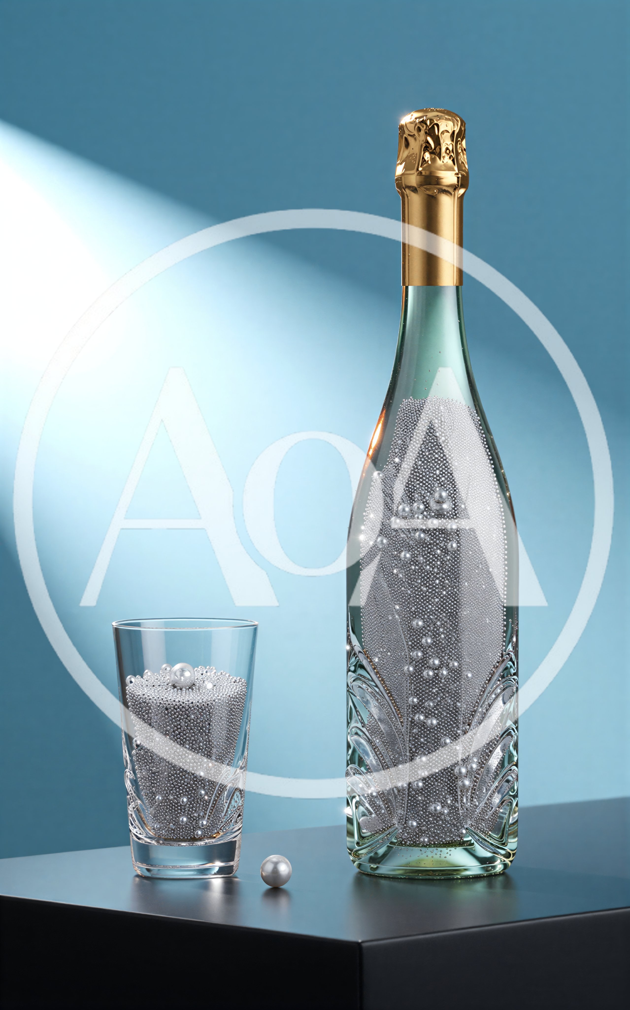 Champagne Bottle And Glass Filled With Silver Beads
