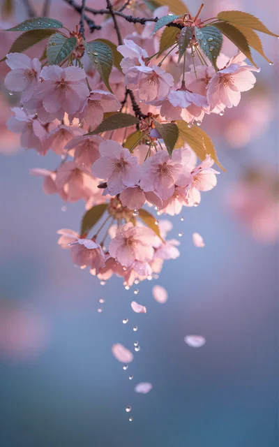 Cherry Blossom Flowers With Falling Petals And Raindrops