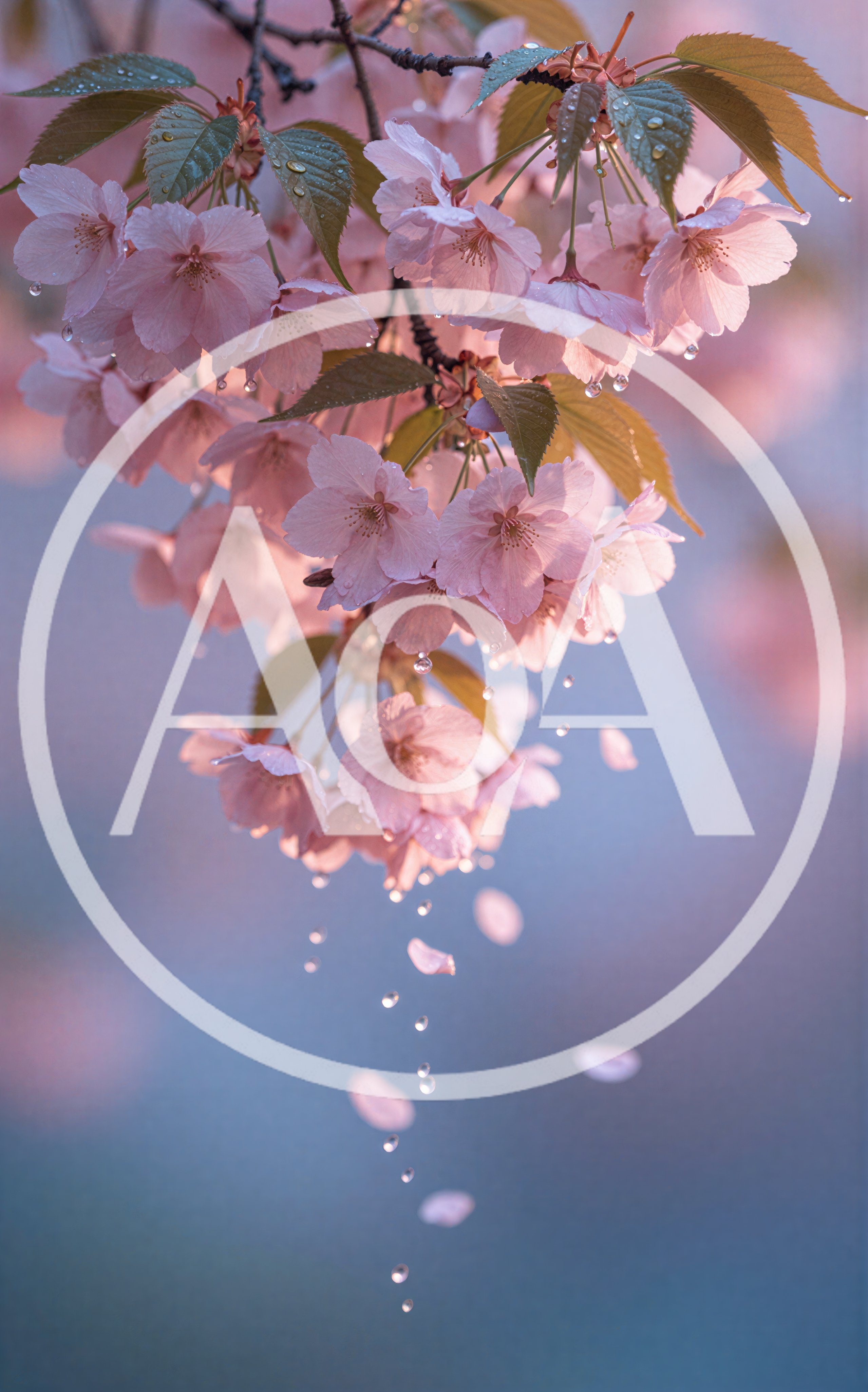 Cherry Blossom Flowers With Falling Petals And Raindrops