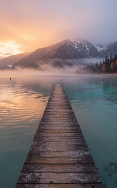 Wooden Pier Extending Into A Misty Alpine Lake