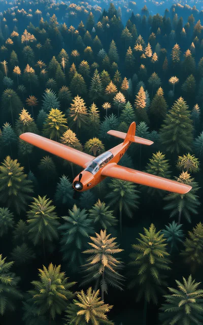Orange Propeller Airplane Flying Over Dense Forest