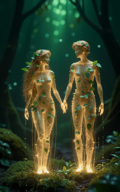 Two Ethereal Forest Spirits Holding Hands