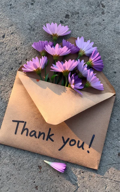 Purple Daisy Flowers Inside A Thank You Envelope