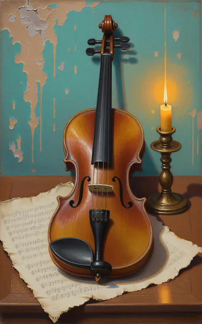 Violin and Sheet Music Beside a Lit Candle