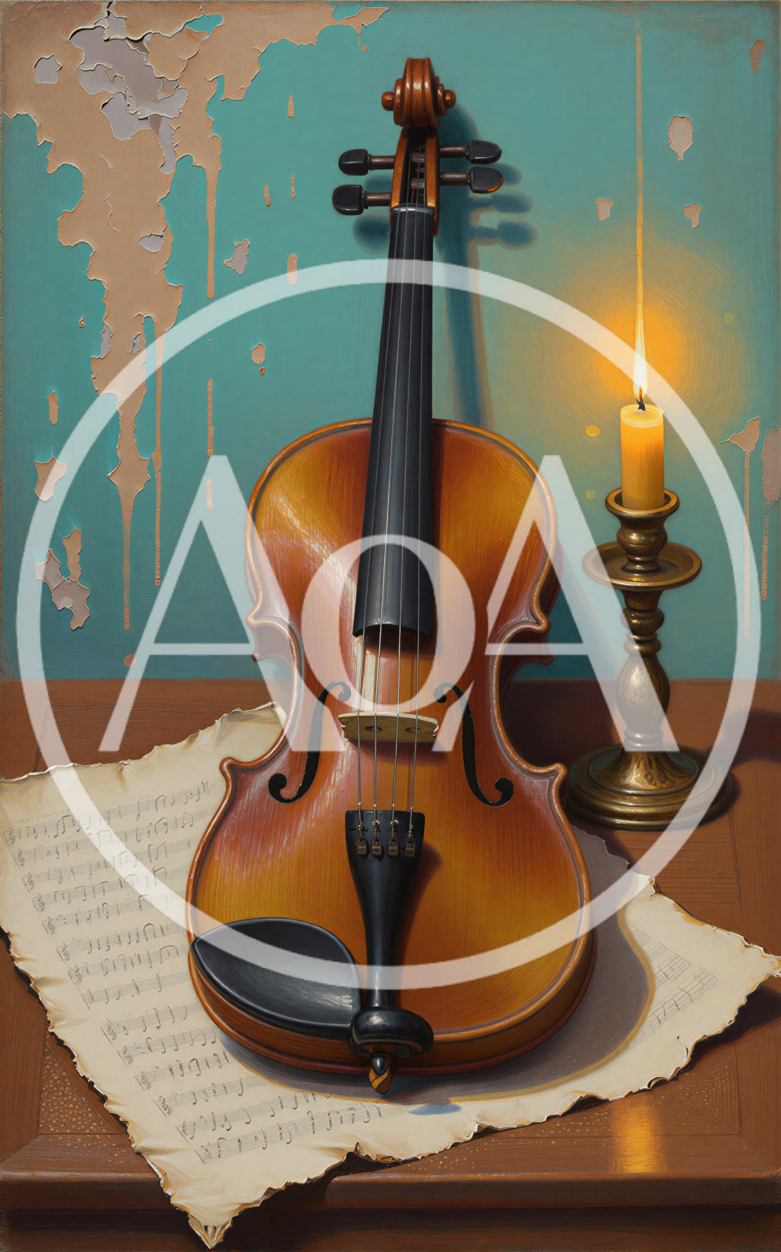 Violin and Sheet Music Beside a Lit Candle