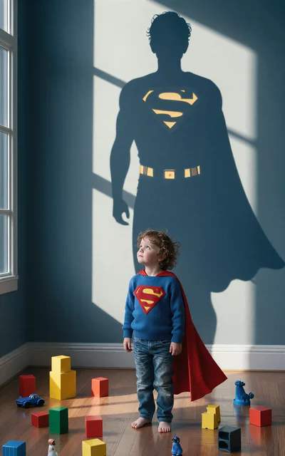 Young Boy Wearing Superman Cape Casting Superhero Shadow