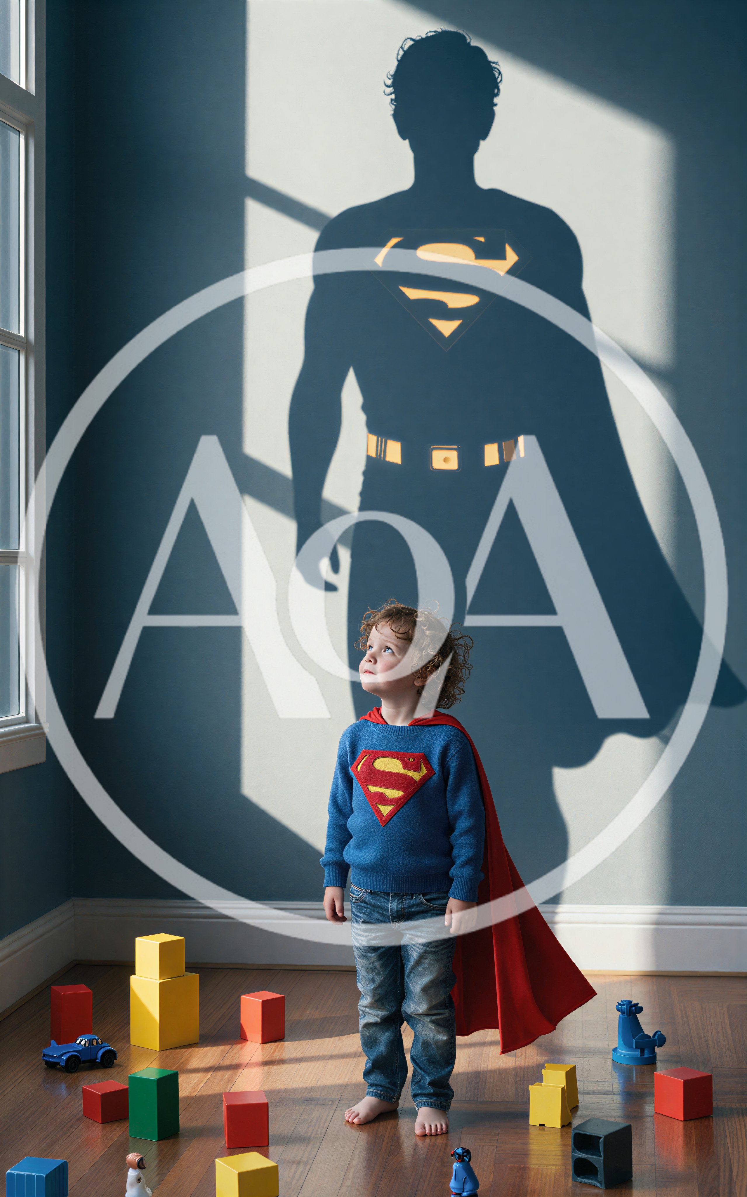 Young Boy Wearing Superman Cape Casting Superhero Shadow