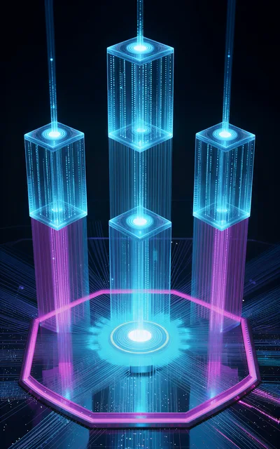 Futuristic Digital Data Towers With Glowing Light Beams