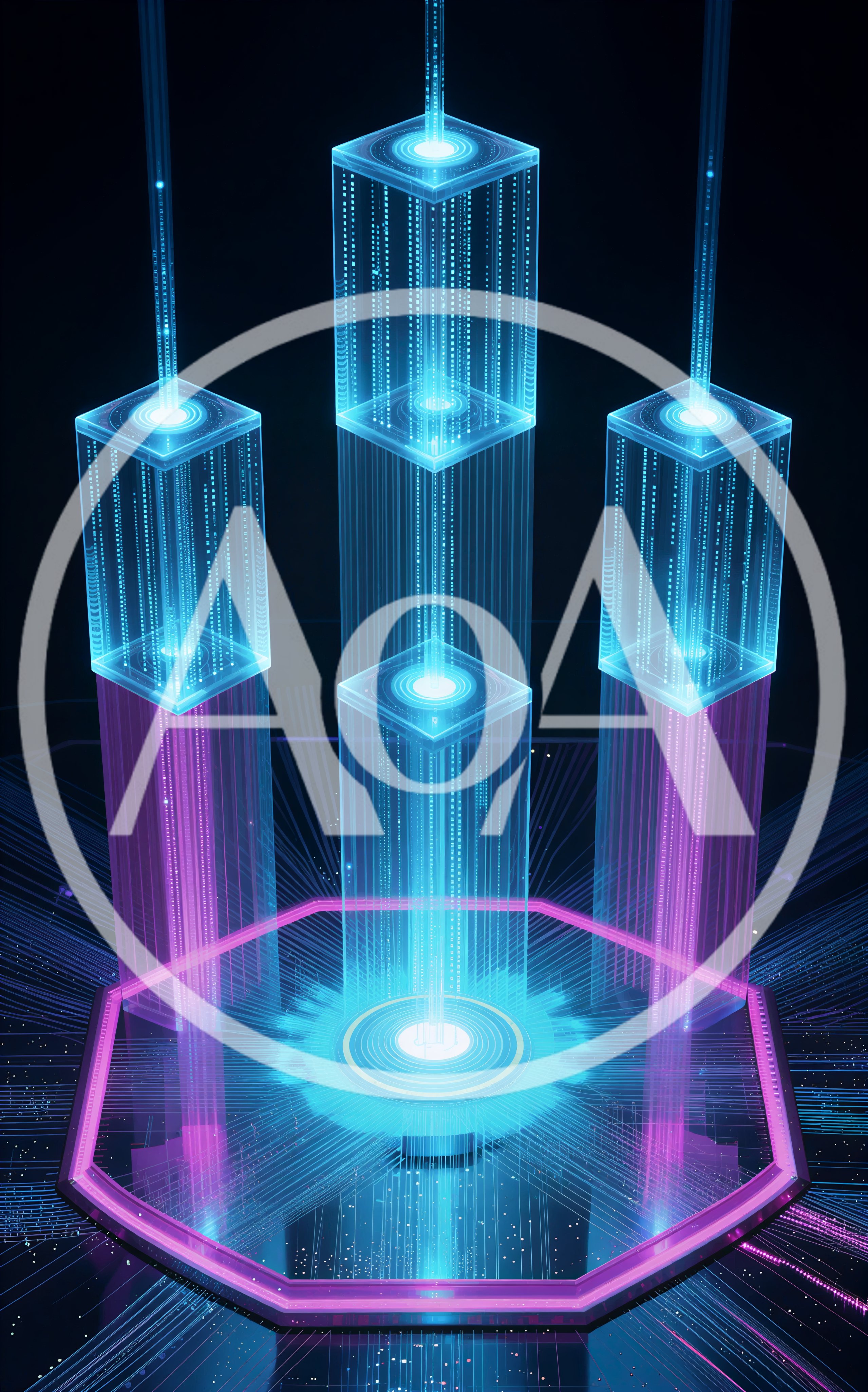 Futuristic Digital Data Towers With Glowing Light Beams