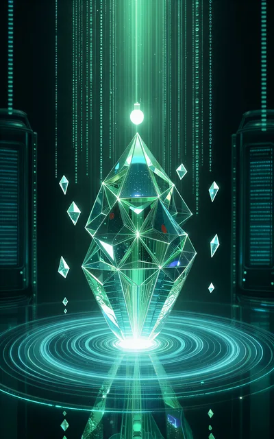 Digital Ethereum Crystal Floating In Data Center