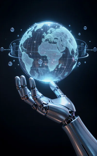 Robotic Hand Holding A Digital Holographic Earth Globe