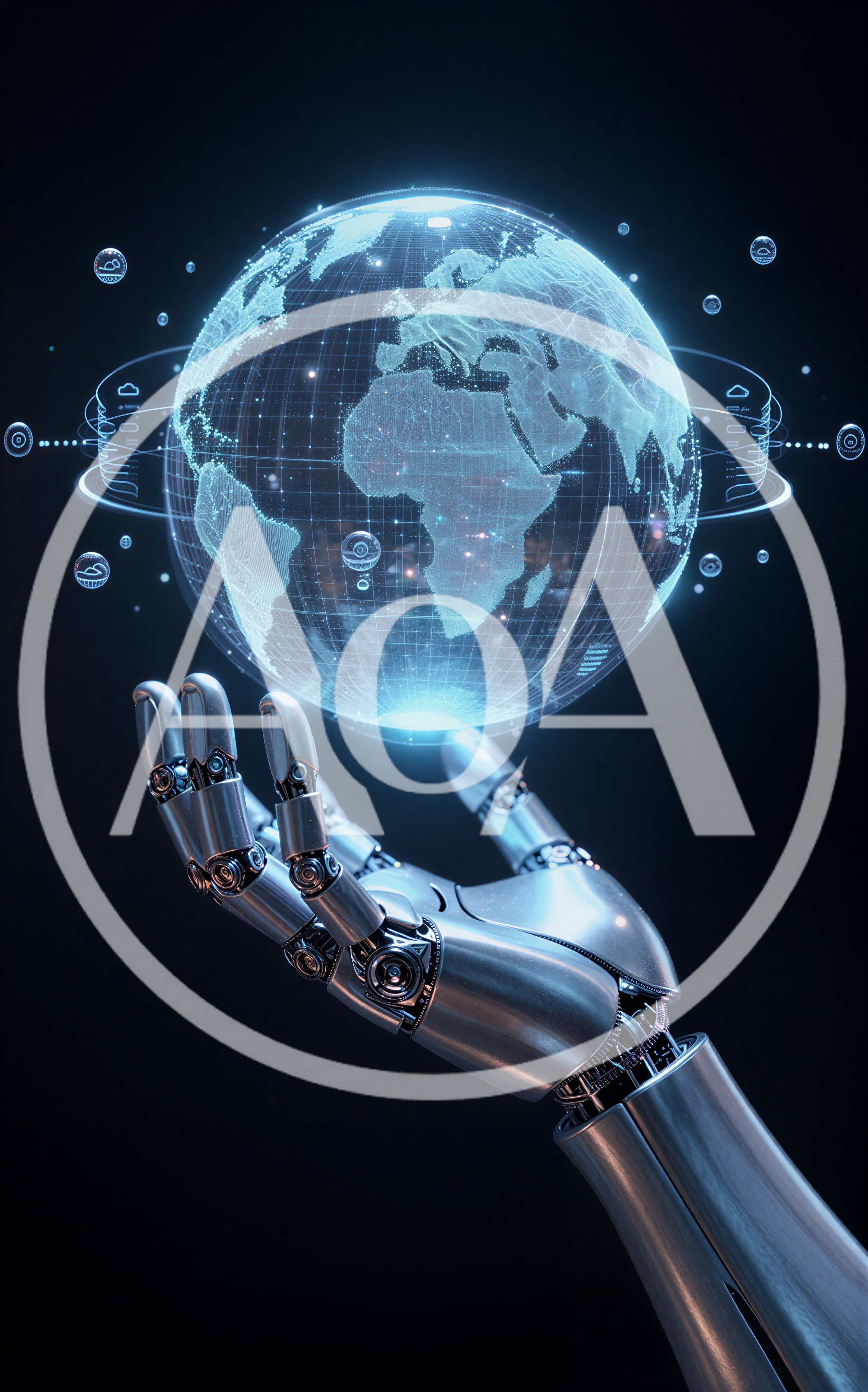 Robotic Hand Holding A Digital Holographic Earth Globe