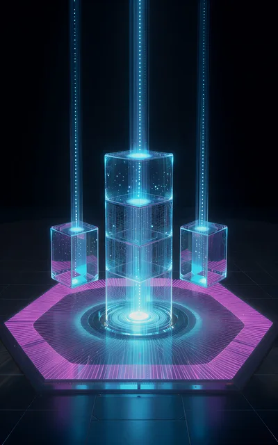 Futuristic Data Processing Core With Floating Holographic Cubes