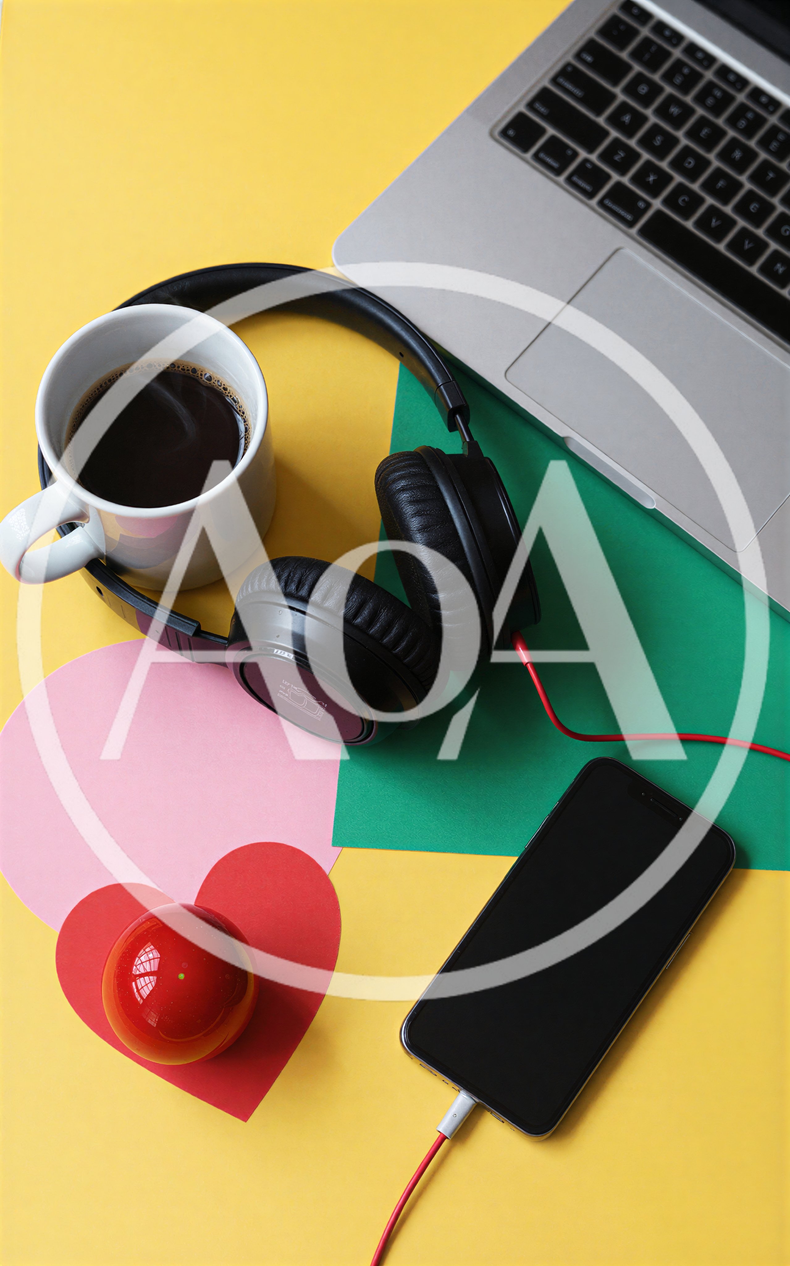 Work Desk Setup With Laptop Coffee And Headphones