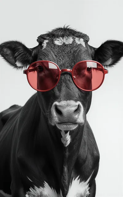 Black And White Cow Wearing Red Round Sunglasses