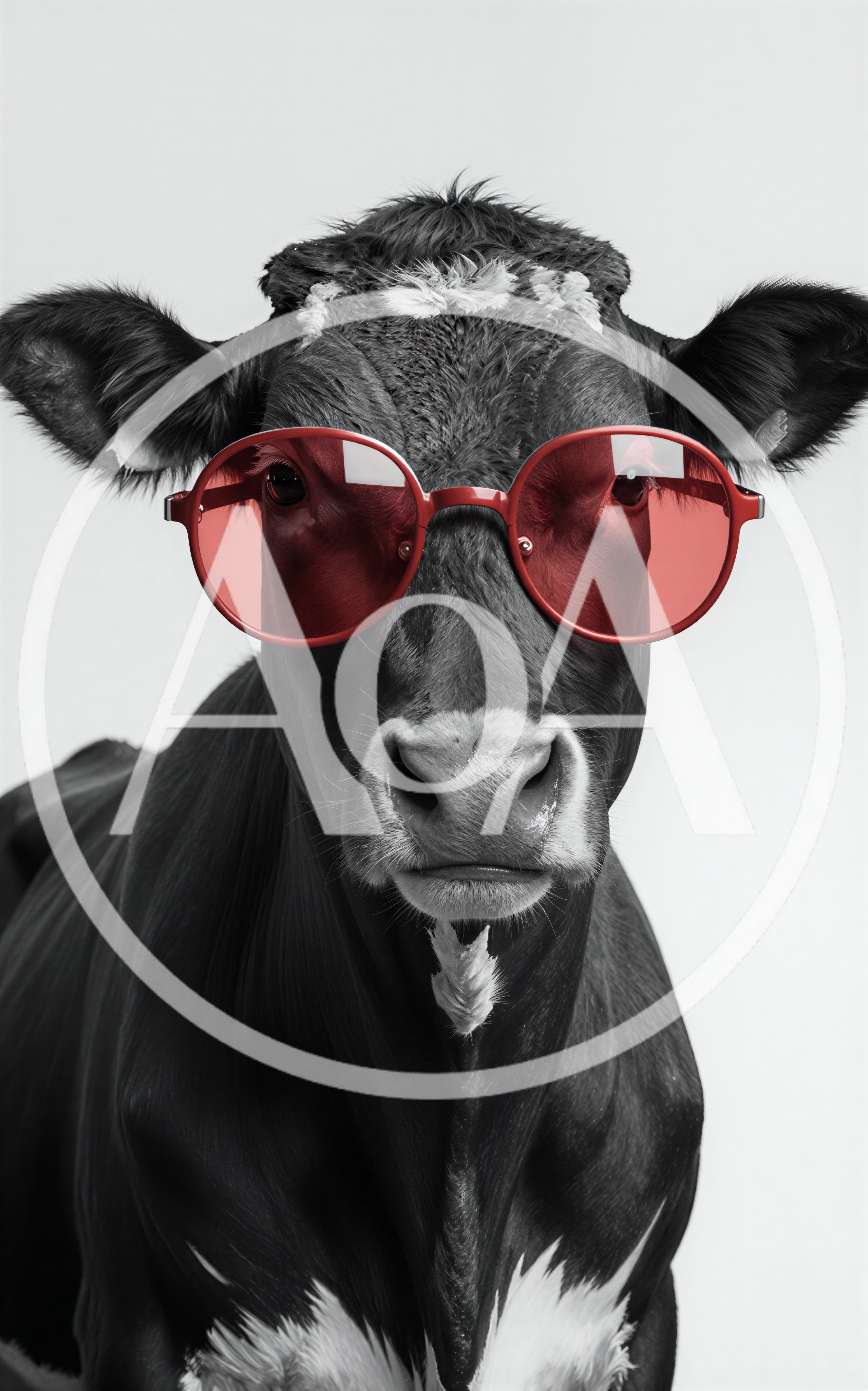 Black And White Cow Wearing Red Round Sunglasses