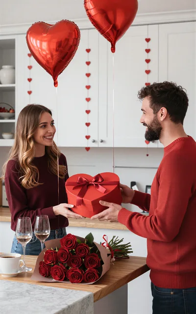 Couple Exchanging Valentine Gift in Kitchen