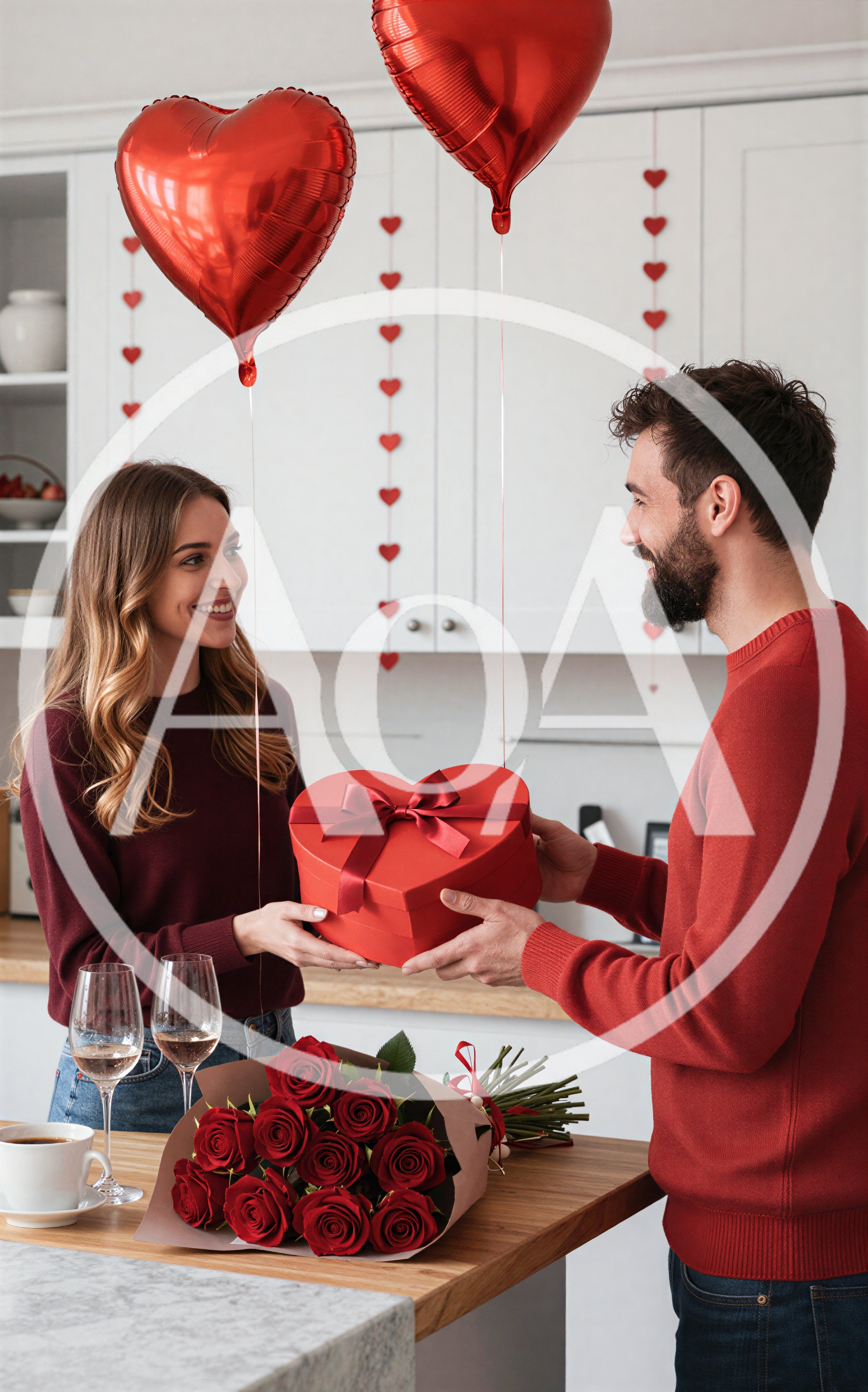 Couple Exchanging Valentine Gift in Kitchen