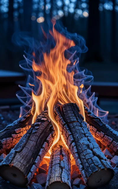 Frost Covered Logs Burning In A Campfire