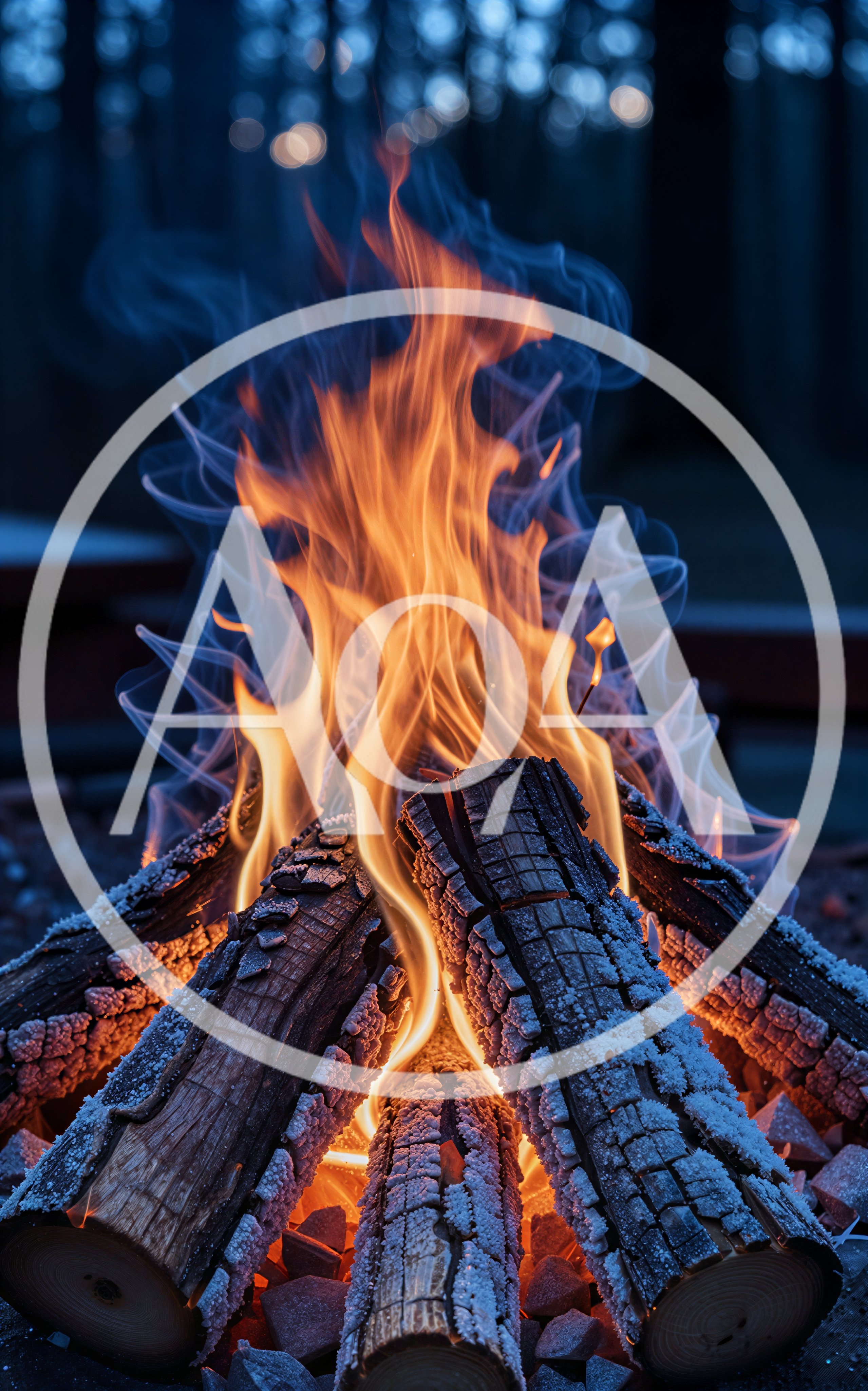 Frost Covered Logs Burning In A Campfire