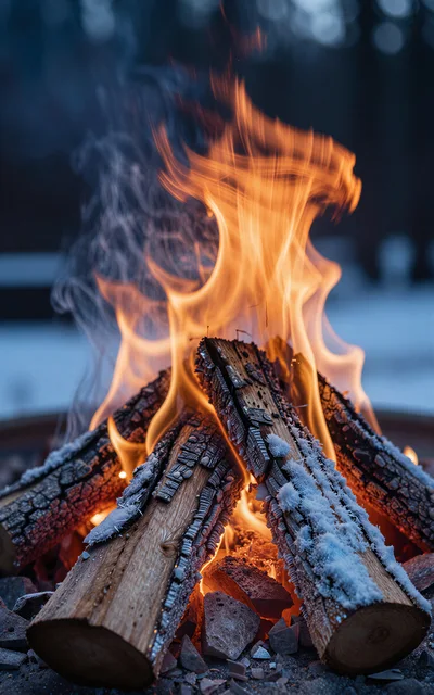 Frost Covered Logs Burning In A Winter Campfire