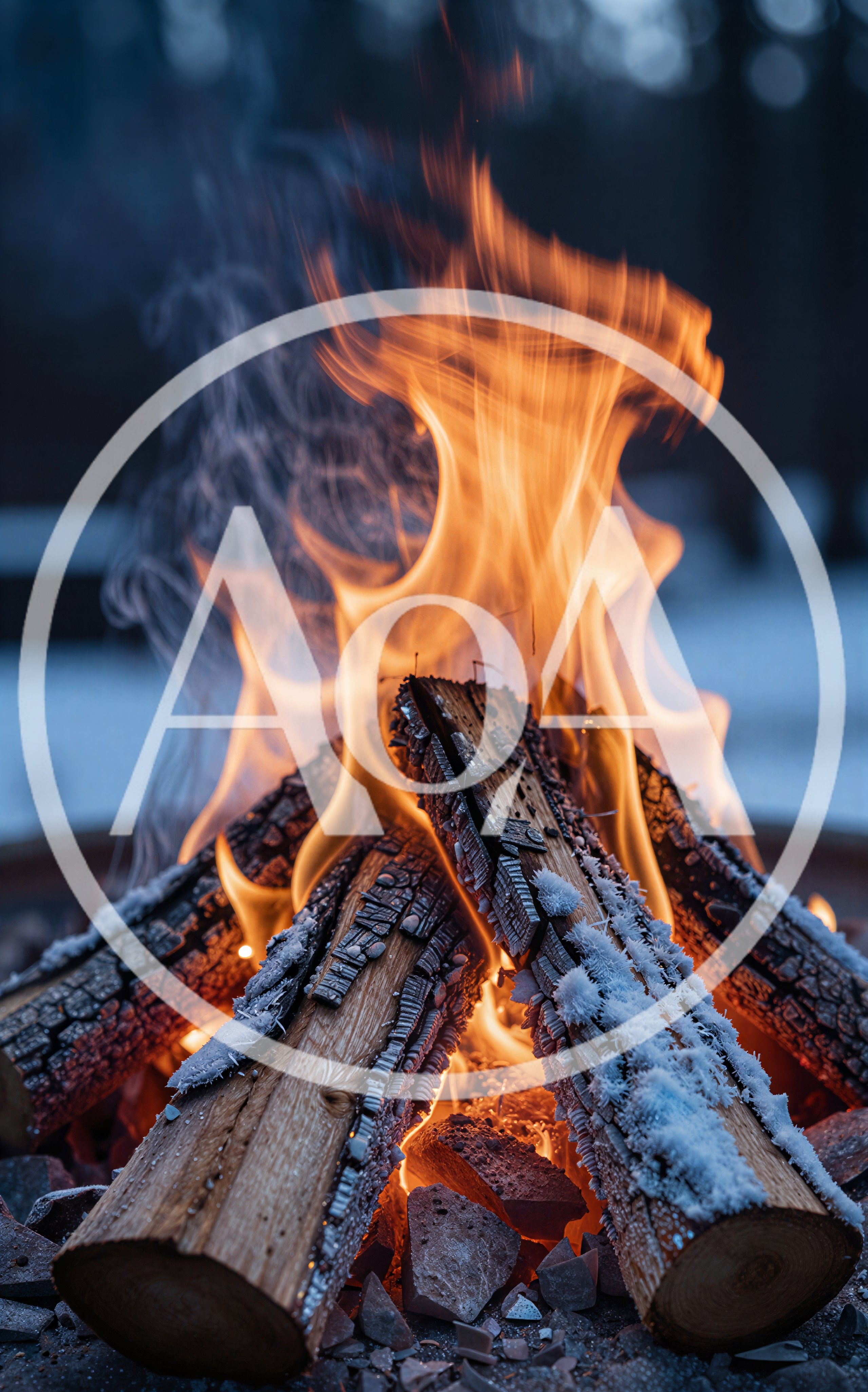 Frost Covered Logs Burning In A Winter Campfire