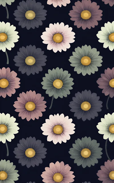 Seamless Pattern Of Colorful Daisy Flowers On Dark Background