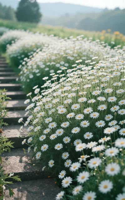 White Daisy Flowers Blooming Along Stone Garden Steps