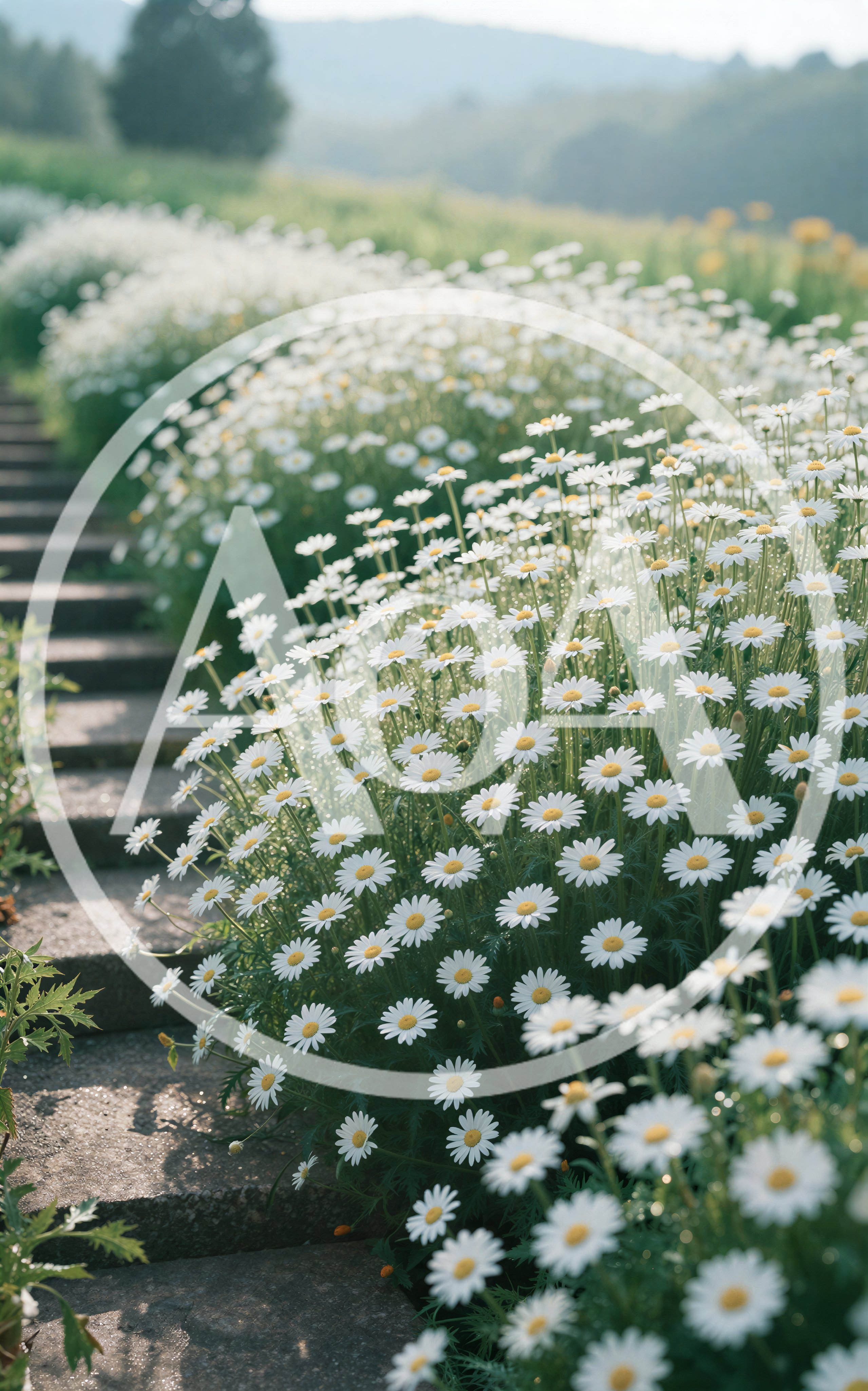 White Daisy Flowers Blooming Along Stone Garden Steps