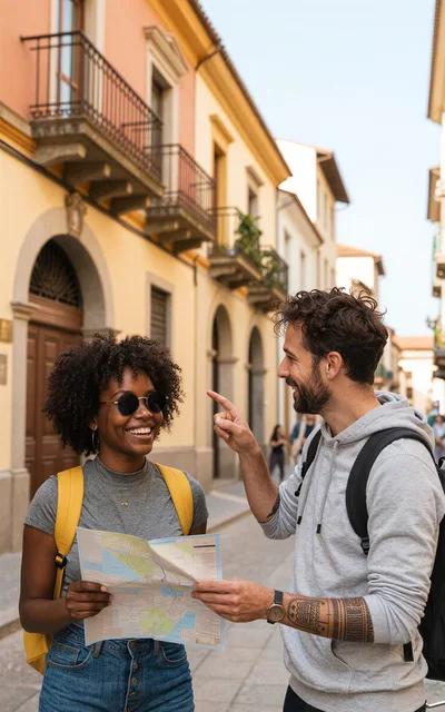 Diverse Couple Exploring City Streets With Map