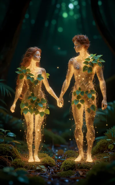 Ethereal Forest Spirits Holding Hands In Enchanted Woods