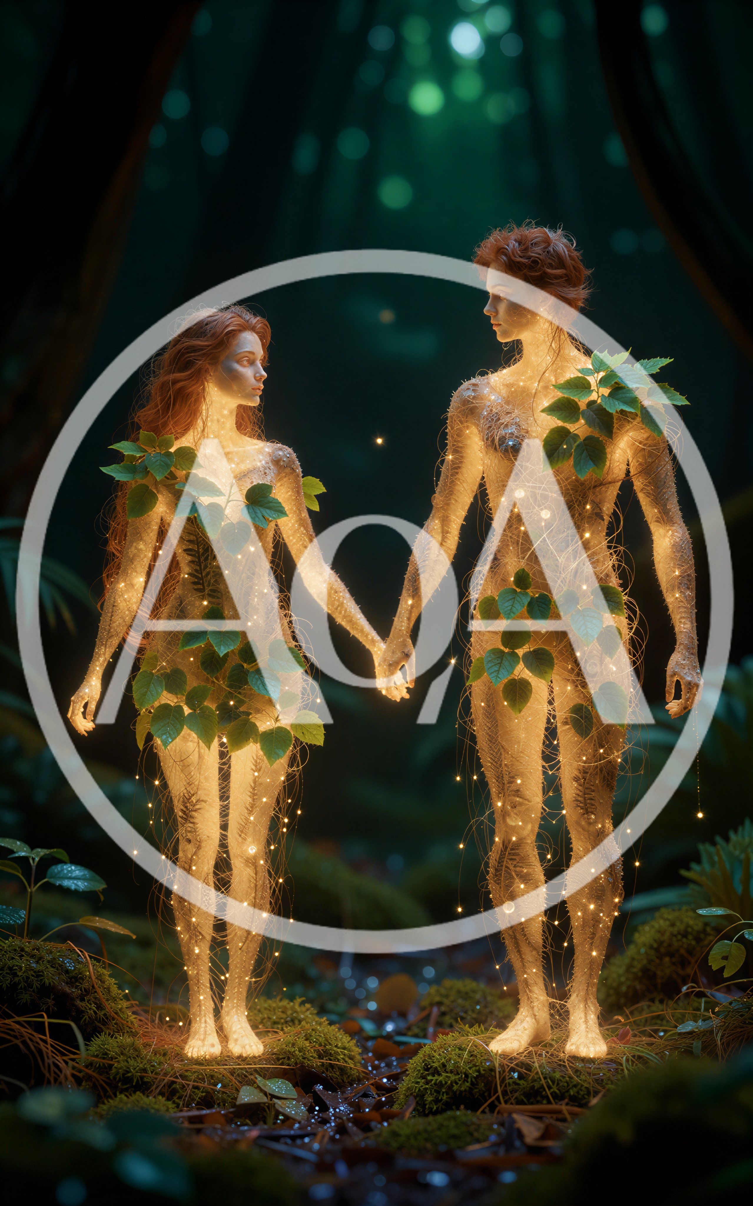 Ethereal Forest Spirits Holding Hands In Enchanted Woods