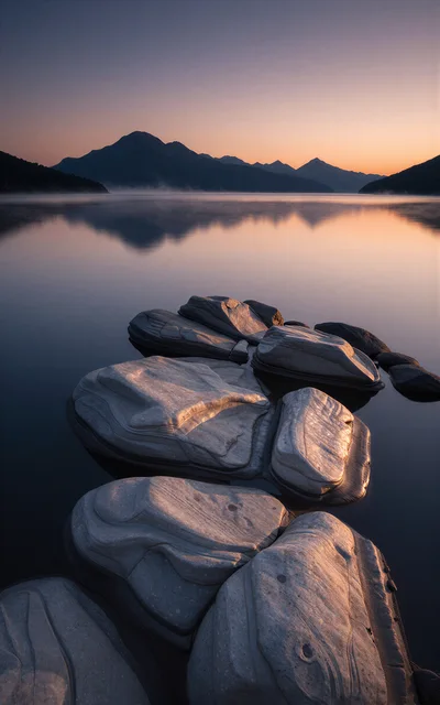 Smooth Layered Rocks In A Calm Mountain Lake