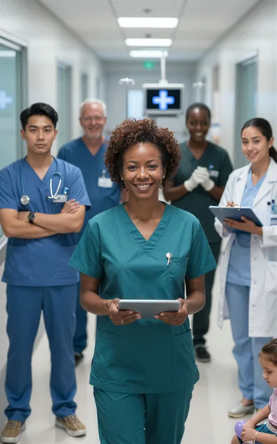 Diverse Medical Team Standing In Hospital Corridor