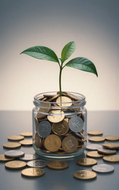 Small Green Plant Growing From Glass Jar Of Coins