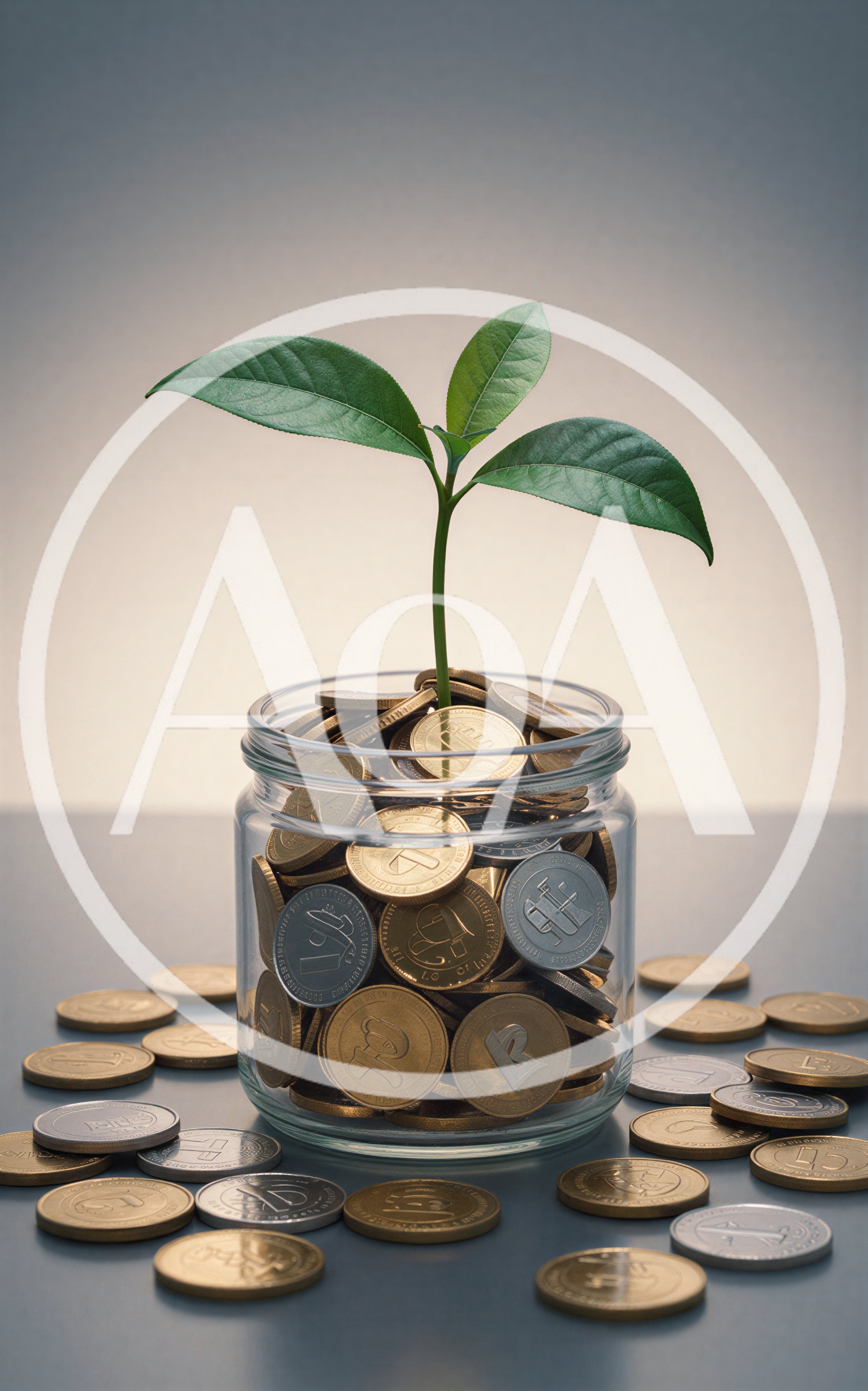 Small Green Plant Growing From Glass Jar Of Coins
