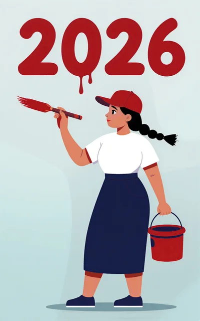 Young Woman Painting The Year 2026 In Red