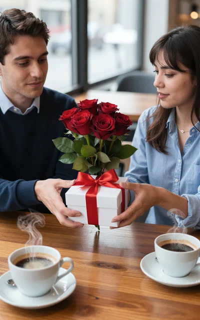 Couple Exchanging A Gift With Roses At A Cafe