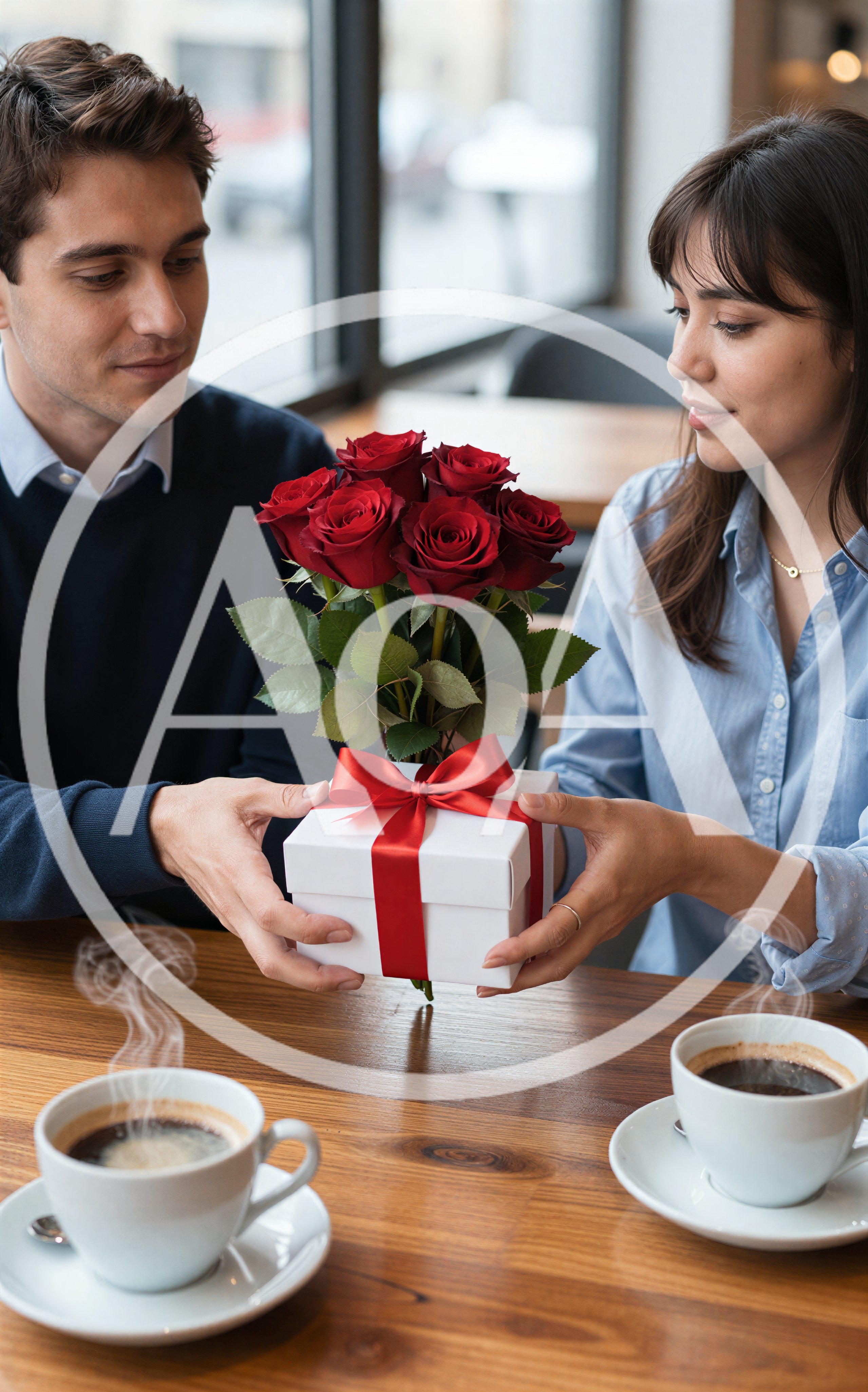 Couple Exchanging A Gift With Roses At A Cafe