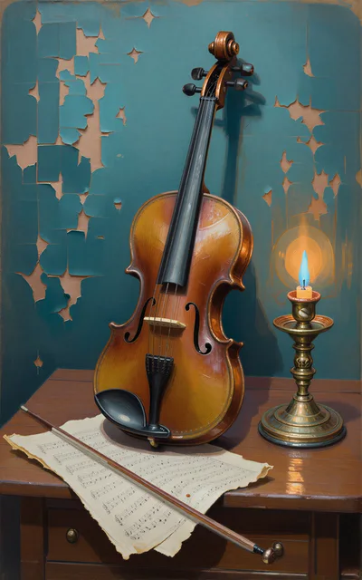 Violin With Bow And Sheet Music By Candlelight