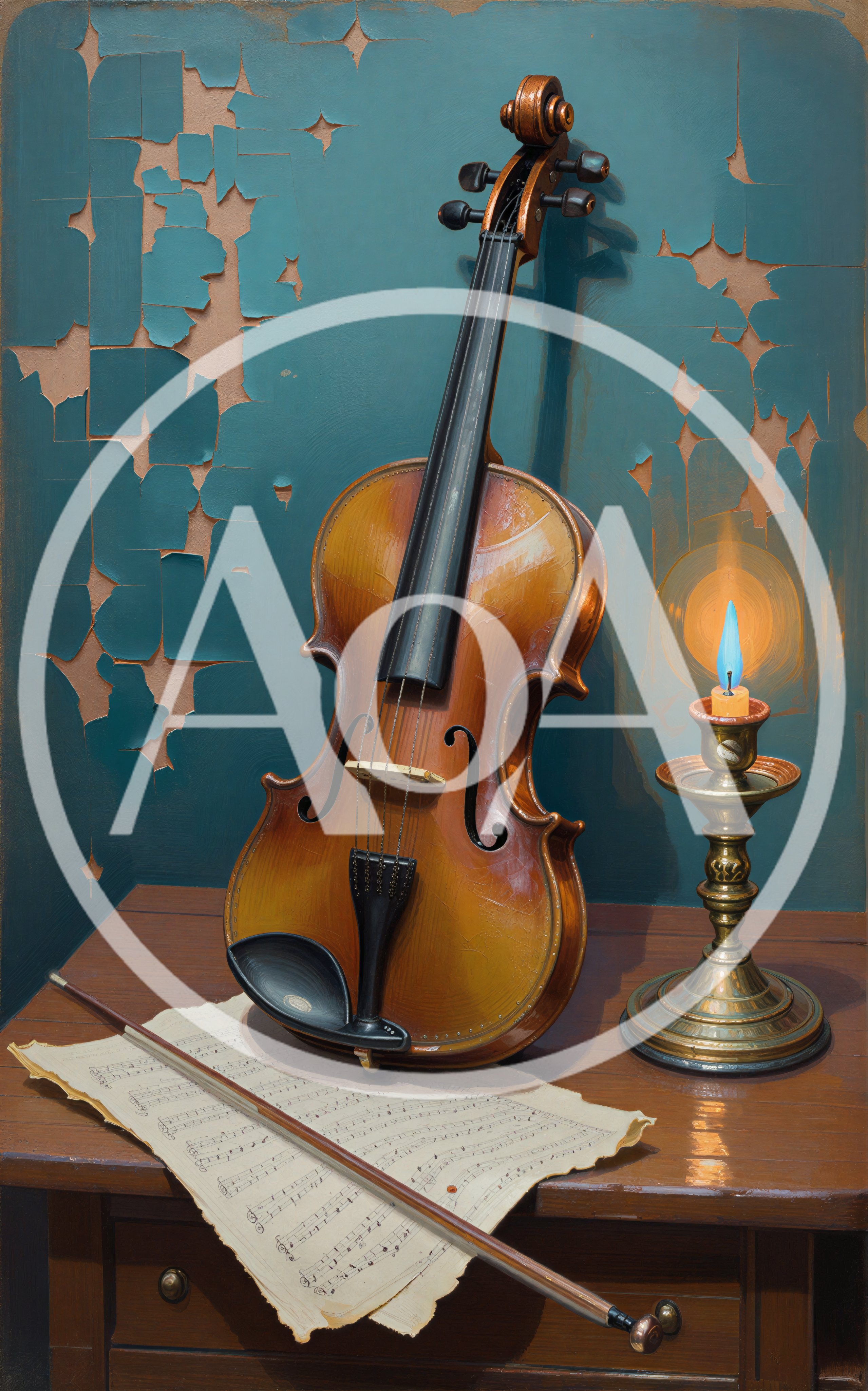 Violin With Bow And Sheet Music By Candlelight