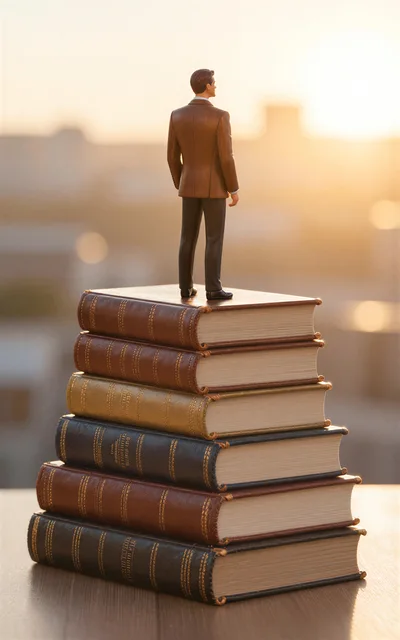 Miniature Businessman Standing Atop A Stack Of Books