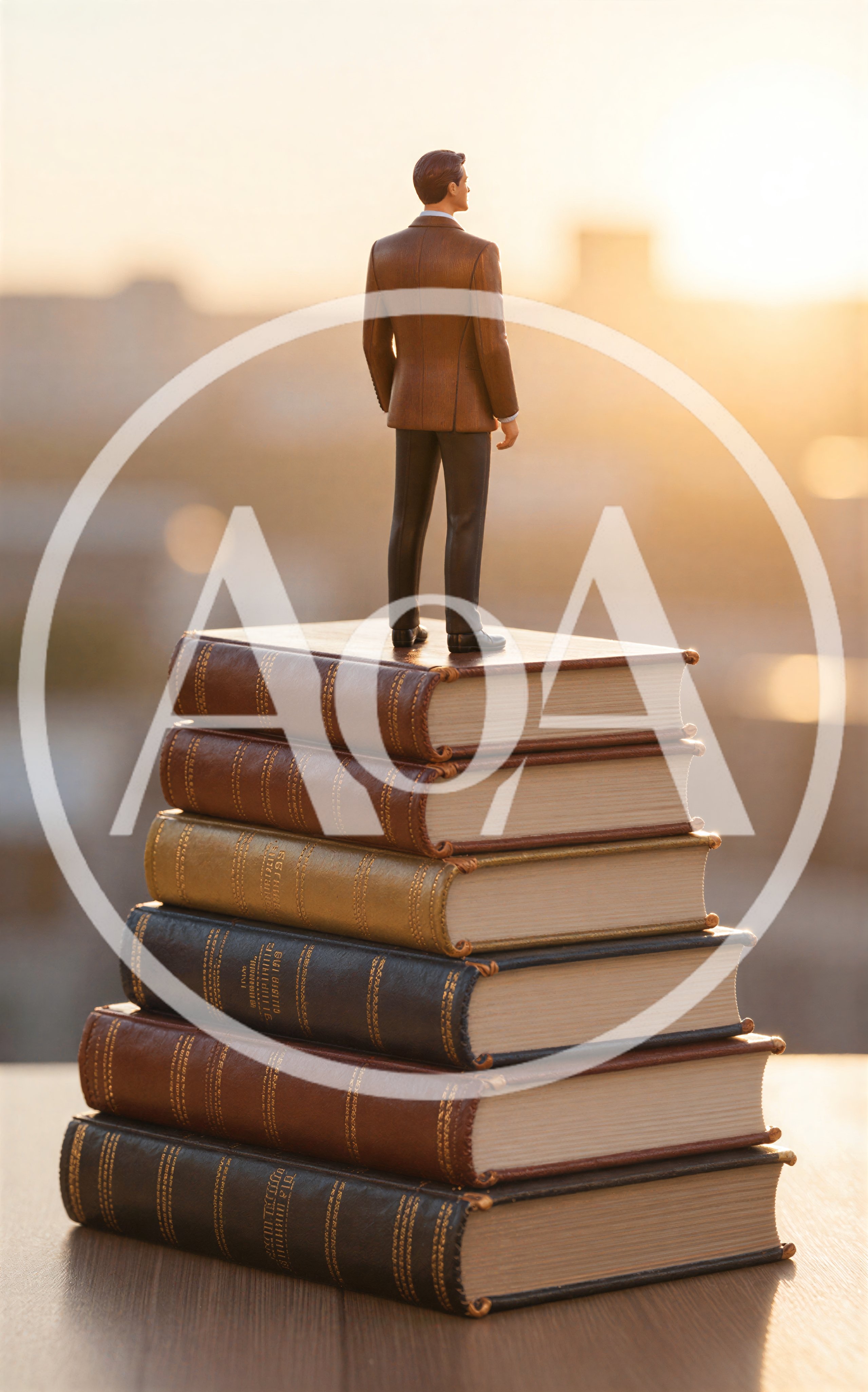 Miniature Businessman Standing Atop A Stack Of Books