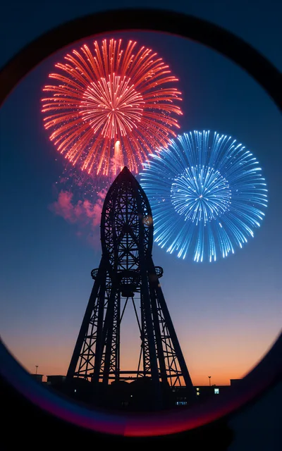 Fireworks Display Behind A Silhouette Of A Metal Tower