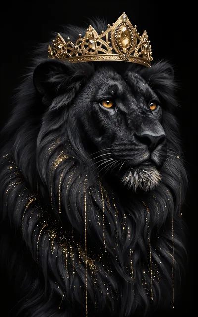 Majestic Black Lion Wearing An Ornate Gold Crown