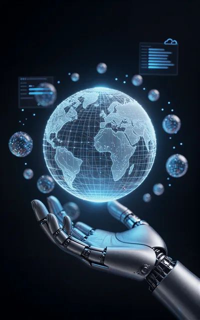 Robotic Hand Holding A Digital Holographic Earth Globe