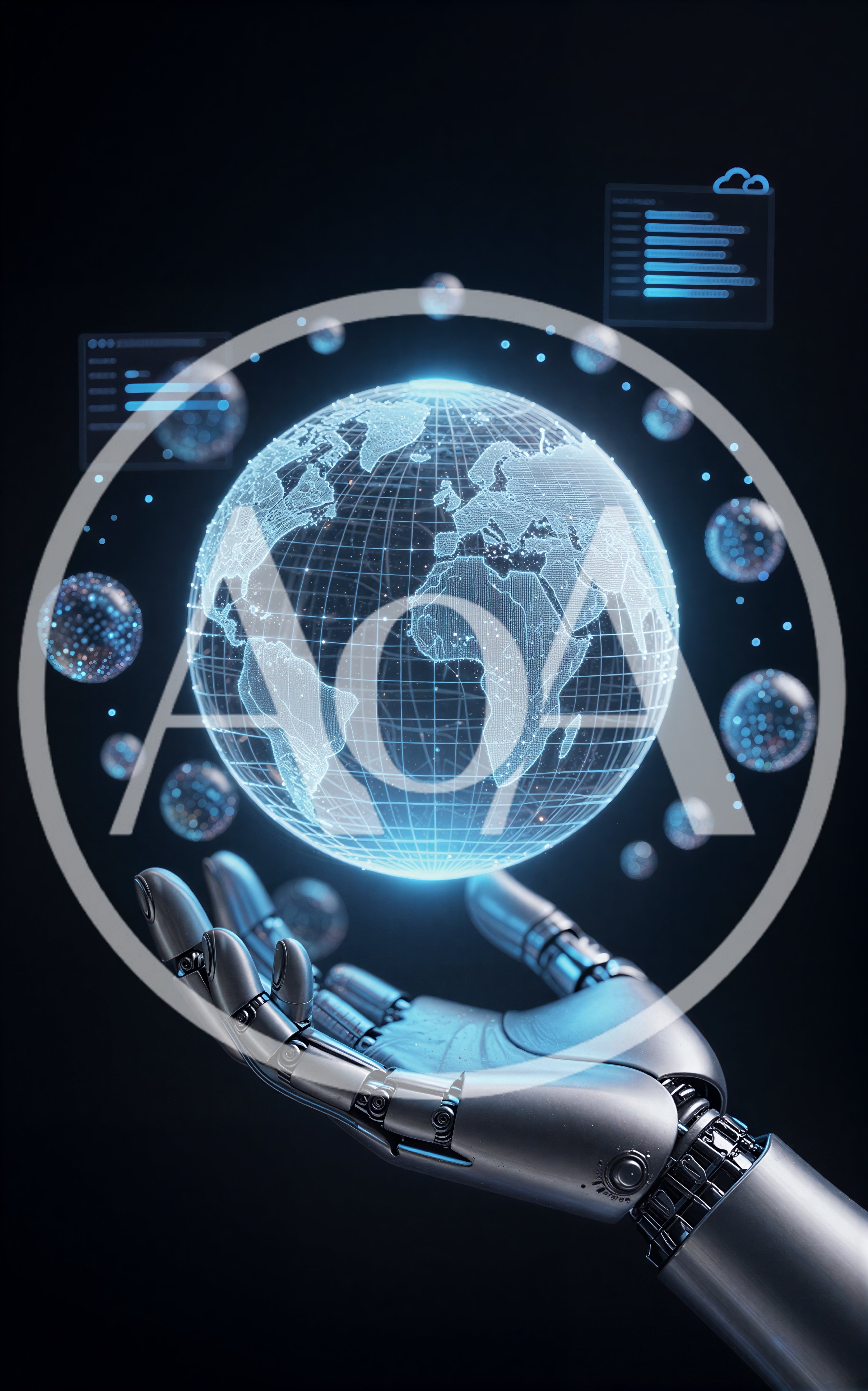 Robotic Hand Holding A Digital Holographic Earth Globe
